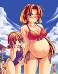  3: 3; 3girls :o age_difference bikini blush breasts child cleavage cloud copyright_request day flat_chest food fruit height_difference kooribata large_breasts long_hair multiple_girls one-piece_swimsuit one_eye_closed open_mouth pregnant red_hair side-tie_bikini sky swimsuit watermelon xration 