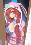  1girl :/ animal_ears animal_hood black-framed_eyewear blue1223s blue_camisole blue_fire blue_hair blush breasts camisole cardigan cleavage closed_eyes colored_inner_hair commentary cowboy_shot desk_lamp elizabeth_rose_bloodflame elizabeth_rose_bloodflame_(casual) fake_animal_ears fire fire_on_chest glasses hair_ornament highres hololive hololive_english hood hood_up hooded_cardigan lamp large_breasts long_hair long_sleeves looking_at_viewer low_twintails monitor multicolored_hair official_alternate_costume official_alternate_hairstyle open_door pink_cardigan pom_pom_(clothes) pom_pom_hair_ornament rabbit_ears rabbit_hood red_eyes red_hair solo standing twintails two-tone_hair very_long_hair virtual_youtuber 