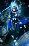  1girl absurdres black_gloves blue_background blue_eyes blue_hair bow bow_earrings breasts chain chain_headband clothing_cutout detached_sleeves earrings gloves hair_intakes halo heart-shaped_gem highres hololive hololive_english jewelry large_breasts looking_at_viewer mechanical_halo morted_art ouro_kronii ouro_kronii_(1st_costume) pinstripe_pattern pinstripe_shirt pinstripe_skirt ribbon_earrings shirt short_hair skirt solo thighhighs underboob_cutout virtual_youtuber 