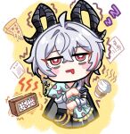  1girl absurdres ahoge alarm_clock bags_under_eyes black_horns black_jacket black_pants chibi chibi_only clock commentary_request cup curled_horns disposable_coffee_cup disposable_cup drooling earrings food grey_hair highres holding horns jacket jacket_on_shoulders jewelry key_earrings long_hair mouth_drool multicolored_hair pants paper pizza puckkk red_eyes rolling_eyes shirt shirt_tucked_in solo streaked_hair white_shirt wuthering_waves zani_(wuthering_waves) 