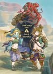  1girl 2boys armor artist_name bare_shoulders beard belt blonde_hair blue_eyes blue_pants boots brown_belt brown_pants closed_mouth colored_skin commentary_request crossed_arms dated day desert_voe_set_(zelda) earrings facial_hair ganondorf gerudo gerudo_set_(zelda) green_eyes green_skin hands_on_own_hips harem_outfit highres hoop_earrings jewelry link long_hair midriff mouth_veil multiple_boys navel outdoors pants pointy_ears princess_zelda red_hair satoruru short_hair shoulder_armor shoulder_belt standing the_legend_of_zelda the_legend_of_zelda:_tears_of_the_kingdom triforce veil wading water 