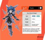  1girl ahoge armor artist_name bad_source black_bodysuit blue_eyes blue_hair bodysuit breastplate character_profile cloyster deviantart_logo deviantart_username english_text full_body gauntlets head_spikes height looking_at_viewer orange_background pauldrons personification pokedex_number pokemon pokemon_sword_and_shield purple_armor shoulder_armor smirk taruyamame venus_symbol watermark weight 