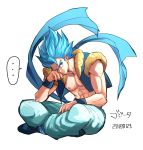  ... 1boy 2019 abs bangs blue_eyes blue_hair clothes_lift dated dragon_ball dragon_ball_super_broly expressionless fingernails frown full_body gogeta hand_on_own_cheek hand_rest head_tilt highres legs_crossed male_focus muscle nipples pants serious shaded_face shirtless short_hair simple_background sitting speech_bubble spiked_hair super_saiyan_blue waistcoat white_background white_pants wristband yuki_(yukirkgk33) 