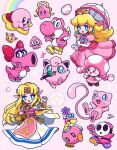 1boy 4girls :d arm_up armor arms_up artist_name bead_necklace beads belt birdo black_eyes blonde_hair blue_eyes blue_gem blush blush_stickers bombette bow bracer braid bright_pupils brown_shoes circlet claws commentary crown dress earrings egg eighth_note elbow_gloves eyelashes fairy floating_hair flower flower_on_head flying gem gloves gold_bracer gold_earrings hair_bow hand_up hands_on_own_cheeks hands_on_own_face hands_up heart heart_in_eye highres holding holding_flower holding_microphone holding_umbrella inkling_(swim_form) jewelry jigglypuff kirby kirby_(series) leg_up long_dress long_hair looking_at_viewer lying mamobot mario_(series) mask mew_(pokemon) microphone mini_crown misstar multiple_girls musical_note necklace new_super_mario_bros._u_deluxe on_stomach open_clothes open_mouth open_vest ornate_ring paper_mario_(series) paper_mario_64 parasol parted_bangs pauldrons pikmin_(creature) pikmin_(series) pink_background pink_belt pink_dress pink_flower pink_tabard pink_theme pink_umbrella pink_yoshi pointy_ears pokemon pokemon_(creature) princess_peach princess_zelda puffy_short_sleeves puffy_sleeves purple_eyes purple_flower purple_shoes rainbow red_bow red_gem red_vest riding ring shoes short_sleeves shoulder_armor shy_guy sidelocks simple_background singing sleeveless sleeveless_dress smile sparkle sphere_earrings splatoon_(series) squid standing standing_on_one_leg star_(symbol) super_crown symbol_in_eye tabard the_legend_of_zelda the_legend_of_zelda:_a_link_between_worlds toadette triforce triforce_print twintails umbrella untranslatable_commentary very_long_hair vest warp_star white_dress white_gem white_gloves white_pupils winged_pikmin wings yellow_shoes yoshi yoshi_egg 