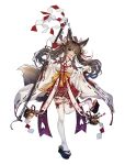 1girl :d animal_ear_bell animal_ear_fluff animal_ears artist_request bare_shoulders bell breasts brown_eyes brown_hair detached_sleeves floating_hair fox_ears fox_girl fox_shadow_puppet fox_tail game_asset highres holding holding_staff japanese_clothes jingle_bell kimono layered_sash leg_up long_hair long_sleeves official_art open_mouth red_ribbon red_sash red_skirt ribbon ribbon-trimmed_sleeves ribbon-trimmed_thighhighs ribbon_trim sandals sash simple_background skirt small_breasts smile solo staff standing standing_on_one_leg tail tate_no_yuusha_no_nariagari tate_no_yuusha_no_nariagari_rise thighhighs transparent_background white_kimono white_sleeves white_thighhighs wide_sleeves yellow_sash yulina_(tate_no_yuusha_no_nariagari) zouri 