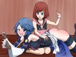  2girls aqua_(kingdom_hearts) artist_request ass bare_shoulders bike_shorts blue_eyes blue_hair blush breasts detached_sleeves fingerless_gloves gloves hood hoodie kairi kingdom_hearts kingdom_hearts_birth_by_sleep kingdom_hearts_iii multiple_girls open_mouth red_ass red_hair shiny shiny_hair shiny_skin short_hair showgirl_skirt spanked spanking tears warzia wristband 