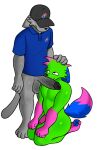 2026 absurd_res alliartist anthro big_penis blue_body blue_fur blue_pawpads bodily_fluids bottomless bubble_butt butt canid canine clothed clothing covered_eyes don't_touch_my_pizza_(meme) duo employee felid feline fur genitals glistening glistening_body grabbing_head green_body green_fur grey_body grey_fur hat headgear headwear hi_res kevin_(nyanwolf) kneeling looking_at_another male male/male mammal nervous nyanwolf pawpads penis penis_on_face pink_body pink_fur shirt small_top_big_bottom standing sweat topwear uniform