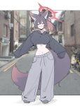  1girl absurdres alternate_costume alternate_hairstyle amebrew animal_ears baggy_pants black_hair black_hoodie black_shoes blue_archive blush breasts colored_inner_hair commentary cropped_hoodie fox_ears fox_girl fox_tail grey_pants grin halo highres hood hoodie large_breasts long_hair multicolored_hair navel pants ponytail red_hair red_halo road shoes sleeves_past_fingers sleeves_past_wrists smile solo stomach street tail two-tone_hair wakamo_(blue_archive) yellow_eyes 