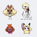  american_horror_story arm_up artist_name aunt_gladys aunt_gladys_(cosplay) bell black_bow black_bowtie black_sclera blonde_hair blood blood_on_weapon blunt_bangs bow bowtie bright_pupils brown-framed_eyewear brown_dress closed_mouth clothed_pokemon colored_sclera commentary cosplay dress earrings english_commentary eyelashes friday_the_13th gardevoir glasses green_eyes grey_background grin hair_over_one_eye hand_up highres hockey_mask holding holding_bell holding_machete jacket jason_voorhees jason_voorhees_(cosplay) jewelry layered_sleeves lips lipstick long_sleeves looking_at_viewer lopunny m3gan m3gan_(character) m3gan_(character)_(cosplay) machete makeup mamobot mask medium_hair no_humans one_eye_covered open_clothes open_jacket orange_hair pantyhose pikachu pink_sweater pokemon pokemon_(creature) pokemon_focus rectangular_eyewear red_eyes red_jacket red_lips robe shirt short_hair short_over_long_sleeves short_sleeves simple_background smile smoochum sparkle standing striped_bow striped_bowtie striped_clothes striped_shirt sweater the_countess_(american_horror_story) the_countess_(american_horror_story)_(cosplay) thick_lips wavy_hair weapon weapons_(2025) white_pantyhose white_pupils white_robe wide_sleeves 