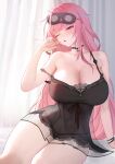  1girl absurdres alternate_costume arm_support artist_name bare_shoulders black_choker black_nightgown blanket blush breasts choker cleavage collarbone commentary covered_navel curtains earrings english_commentary hand_on_own_cheek hand_on_own_face highres hololive hololive_english jewelry lace-trimmed_nightgown large_breasts lazik_1337 long_hair mask mask_on_head messy_hair mori_calliope mori_calliope_(sleepwear) morning nightgown official_alternate_costume on_bed one_eye_closed open_mouth pink_eyes pink_hair see-through_clothes see-through_nightgown sitting skull_choker skull_collar skull_earrings sleep_mask sleepwear sleepy solo squeans strap_slip thighs virtual_youtuber 
