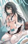  1girl absurdres ahoge apron aqua_bow aqua_ribbon bare_arms bare_shoulders bikini black_choker black_skirt blurry blurry_background blush bow bow_bikini breasts breasts_apart cake cake_slice choker clenched_hand cocktail cocktail_glass collar commentary criss-cross_halter crossed_bangs cup drinking_glass dutch_angle eyelashes food frilled_apron frilled_skirt frilled_thigh_strap frills front-tie_bikini_top front-tie_top frown fruit full_body gakuen_idolmaster green_eyes green_hair hair_between_eyes halterneck hand_up highleg highleg_bikini highres holding_own_skirt idolmaster indoors long_hair looking_at_viewer maid maid_bikini miniskirt navel no_shoes o-ring o-ring_bikini o-ring_top on_bed open_mouth parted_lips pillow pu_ht ribbon seiza sidelocks sitting skirt skirt_bow small_breasts solo sparkle stomach strawberry stuffed_animal stuffed_toy swimsuit teddy_bear thigh_strap thighhighs thighs toes tray tsukimura_temari unconventional_maid waist_apron white_apron white_bikini white_thighhighs zettai_ryouiki 