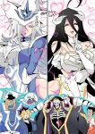  2girls 4boys ainz_ooal_gown albedo_(overlord) bare_shoulders black_hair blonde_hair blue_lips blue_skin breasts clothing_cutout colored_bangs colored_eyelashes colored_skin commentary_request crossover demiurge_(overlord) demon_girl demon_horns dress elbow_gloves glasses gloves grey_hair hair_between_eyes hair_over_one_eye hat highres hip_vent horns long_hair long_hair_between_eyes mi_manu1950 multiple_boys multiple_girls muto_yugi off-shoulder_dress off_shoulder open_mouth overlord_(maruyama) pelvic_curtain pointy_ears red_eyes ribs silent_magician silent_swordsman skeleton skull_servant smile speech_bubble split_screen thought_bubble white_gloves white_hat white_horns wizard_hat yellow_eyes yu-gi-oh! 