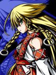  1girl black_background blonde_hair borrowed_character braid breasts chest_sarashi commentary_request detached_sleeves elehime green_eyes highres kogitsune_(ichi_(ichikai)) long_hair looking_at_viewer looking_to_the_side medium_breasts original profile red_skirt ring_hair_ornament sarashi shirt skirt sleeveless sleeveless_shirt solo twin_braids upper_body white_shirt white_sleeves zoom_layer 