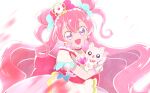  1girl animal back_bow backlighting bow brooch choker commentary cone_hair_bun cure_precious delicious_party_precure double_bun dress earrings fox frilled_hairband frills gloves hair_bow hair_bun hairband heart heart_brooch highres holding holding_animal huge_bow jewelry kome-kome long_dress long_hair looking_at_viewer magical_girl nagomi_yui off-shoulder_dress off_shoulder open_mouth pink_dress pink_hair precure purple_eyes red_bow red_choker simple_background smile solo sparkle standing two_side_up white_background white_gloves wonderful_tanaka 