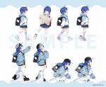  1girl :d :o absurdres age_progression aged_down ahoge amamiya_kokoro backpack bag bandaid bandaid_on_knee bandaid_on_leg baseball_cap bell black_boots black_hat black_shorts blue_hair blue_jacket blue_shoes blue_shorts boots bug butterfly closed_eyes commentary company_name copyright_notice creature gradient_hair hair_bell hair_ornament hat headphones headphones_around_neck highres holding holding_map hood hood_down hooded_jacket jacket kneehighs long_sleeves map mugichoco multicolored_hair multiple_views neko_(amamiya_kokoro) nijisanji official_alternate_costume official_art pink_shoes sample_watermark shoes short_hair short_twintails shorts smile socks squatting thighhighs twintails virtual_youtuber walking watermark white_background white_jacket white_thighhighs yellow_eyes 