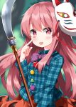  1girl akanbe blurry blurry_background commentary_request completion_time eyelid_pull fox_mask hata_no_kokoro highres holding holding_polearm holding_weapon looking_at_viewer mask pink_eyes pink_hair plaid_clothes plaid_shirt polearm ruu_(tksymkw) shirt smile solo tongue tongue_out touhou weapon 