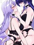  2girls absurdres acheron_(honkai:_star_rail) arnkun black_bra black_garter_straps black_panties black_swan_(honkai:_star_rail) black_thighhighs bra breasts cleavage garter_straps hair_over_eyes hand_on_another's_chin highres honkai:_star_rail honkai_(series) lace-trimmed_bra lace-trimmed_panties lace-trimmed_thighhighs lace_trim large_breasts lingerie multiple_girls panties purple_hair thighhighs underwear underwear_only yuri 