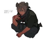  1boy bandana black_bandana blood blood_on_clothes blood_on_hand blue_eyes brown_hair commentary_request full_body hand_up hyena_boy hyena_ears indian_style looking_at_viewer male_focus myap09_(aodim) ruggie_bucchi shirt short_hair simple_background sitting solo tongue tongue_out translation_request twisted_wonderland white_background white_shirt 