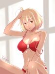  1girl arm_up armpit_crease bare_arms bare_legs bare_shoulders between_legs bikini blonde_hair breasts cleavage collarbone commentary_request facing_viewer hair_between_eyes hand_between_own_legs hand_on_own_head highres kakato_(heel) looking_to_the_side lycoris_recoil medium_breasts messy_hair navel nishikigi_chisato open_mouth red_bikini red_eyes shadow short_hair signature sitting sleepy solo stomach strap_slip sunlight swimsuit 