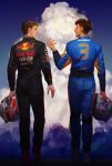  2boys absurdres arm_up black_jacket black_pants blue_jacket blue_pants brown_hair cloud collared_jacket cougar cumulonimbus_cloud curly_hair daniel_ricciardo english_text eye_contact facial_hair formula_one from_behind helmet highres holding holding_unworn_helmet jacket long_sleeves looking_at_another looking_to_the_side male_focus max_verstappen mclaren motorcycle_helmet multiple_boys pants real_life red_bull sgkg108 short_hair sponsor standing unworn_headwear unworn_helmet very_short_hair 