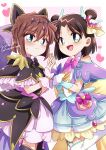  2girls back_bow black_bow black_bowtie black_capelet black_dress black_thighhighs blue_eyes blush bob_cut bow bowtie brooch brown_hair capelet closed_mouth commentary_request cosplay cowboy_shot cure_answer cure_answer_(cosplay) cure_arcana_shadow cure_arcana_shadow_(cosplay) diamond_hairband doroshii double_bun dress fingerless_gloves frilled_capelet frilled_cuffs frilled_dress frills frown gloves haibara_ai hair_bun hair_ornament heart heart_brooch highres holding_hands huge_bow interlocked_fingers jewelry layered_dress leg_up looking_at_viewer medium_dress meitantei_conan meitantei_precure! multiple_girls open_mouth pact_holder partial_commentary pink_bow pink_bowtie precure purple_capelet purple_dress purple_veil short_hair smile standing standing_on_one_leg sweatdrop thighhighs twitter_username veil white_gloves white_thighhighs wing_hair_ornament yellow_bow yoshida_ayumi 