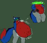 abdominal_bulge ambiguous_gender ambiguous_prey anthro bandaged_hand belly belly_squish big_belly black_sclera bloated blue_body blue_fur blue_markings bodily_fluids bottomwear boxers_(clothing) breath bulge burping canid canine clothed clothing digestion drooling erection erection_under_clothing fluffy fox fur green_eyes hand_on_belly heterochromia hi_res holding_belly huge_belly inkvore long_tail male male_pred mammal markings navel open_mouth pants red_markings rumbling_stomach saliva saliva_string sequence sequential_arrow sitting slightly_chubby slosh sloshing_belly squish standing tail tail_motion tailwag tongue tongue_out topless underwear unseen_prey vore yellow_eyes