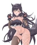  1girl absurdres animal_costume animal_ears animal_hands asymmetrical_legwear atago_(azur_lane) atago_(full_moon's_feral_wolf)_(azur_lane) azur_lane black_hair breasts commentary_request cowboy_shot dog_ears fur_bikini gloves highres large_breasts long_hair looking_at_viewer mismatched_legwear mismatched_thighhighs official_alternate_costume open_mouth paw_gloves simple_background single_fishnet_legwear solo thighhighs torn_clothes torn_thighhighs underboob wang_zhong_wang white_background wolf_costume yellow_eyes 