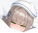  1boy 1girl absurdres azur_lane beret blue_ribbon blush brown_hair commentary cum cum_in_mouth deepthroat fellatio green_eyes hair_ribbon half-closed_eyes hat hetero highres hostile_(azur_lane) oral ribbon simple_background tearing_up white_background white_hat white_ribbon yiray_(112170063) 