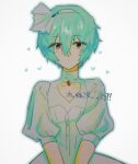  1girl alternate_costume ayanami_rei blue_hair bow_hairband cleavage_cutout clothing_cutout collarbone commentary_request diamond-shaped_brooch dress expressionless gem hair_between_eyes hairband heart highres ktg10kn looking_at_viewer neon_genesis_evangelion puffy_short_sleeves puffy_sleeves red_eyes red_gem short_hair short_sleeves simple_background solo translation_request white_background white_dress white_hairband 