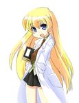  :d blonde_hair brown_neckwear hands_in_pockets labcoat long_hair long_sleeves looking_at_viewer miniskirt necktie no_nose open_mouth pani_poni_dash! pleated_skirt rebecca_miyamoto simple_background skirt smile solo umekichi white_background 