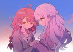  2girls absurdres ahoge bang_dream! bang_dream!_yumemita braid cardigan chinese_commentary cloud commentary_request crying crying_with_eyes_open grey_hair grey_jacket hair_ornament hairclip highres holding_hands hood hooded_jacket jacket long_hair long_sleeves miyanaga_nonoka miyanaga_nonoka_(real) multiple_girls pink_cardigan pink_eyes pink_hair red_eyes red_hair sengoku_yuno sengoku_yuno_(real) sky tears upper_body x_hair_ornament xhs_7495061940 