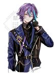  1boy absurdres arm_at_side astro_fes_(project_sekai) belt belt_buckle black_belt black_gloves blue_streaks buckle closed_mouth collared_shirt cropped_torso dress earrings gem gloves hand_up highres jewelry kamishiro_rui lapels long_sleeves male_focus multicolored_hair notched_lapels official_alternate_costume one_eye_closed project_sekai purple_dress purple_gem shirt short_hair sidelocks simple_background solo streaked_hair sweat twitter_username two-tone_hair watermark white_background yellow_eyes zakka_(zakka_0_) 