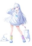  1girl :3 absurdres ahoge aoba_nene arm_at_side arnyang_(ayatsuno_yuni) ayatsuno_yuni blush_stickers cat_teaser closed_mouth commentary creature drawstring english_commentary full_body green_leg_warmers hair_intakes hair_ornament hand_up highres holding holding_cat_teaser hood hood_down hoodie leg_warmers legs_apart long_hair long_hoodie long_sleeves pointing pointing_at_self polka_dot print_hoodie purple_eyes purple_hair purple_hoodie purple_leg_warmers simple_background slippers smile solo standing stellive straight_hair striped_leg_warmers virtual_youtuber white_background white_slippers x_hair_ornament 