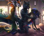 abdominal_bulge accessory anal anal_penetration anthro aquatic aquatic_dragon arm_fin bed bedroom bedroom_sex black_body black_fur blue_body blue_eyes blue_fur blue_highlights blue_inner_ear_fluff blue_pawpads blue_sclera blue_tongue blush bodily_fluids canid canine canis circuit_markings claws cum cum_drip cum_in_ass cum_inside cum_on_penis cumshot dragon dripping drooling ejaculation fangs femboy fin finger_claws fluffy fluffy_tail frill_(anatomy) fur furniture garter genital_fluids genitals gradient_body gradient_scales group group_sex hands-free harness harness_only head_crest head_fin head_frill hi_res highlights_(coloring) horn inner_ear_fluff inside leg_fins leg_garter licking licking_lips looking_pleasured lucky_pierre male male/male mammal manroru markings multicolored_body multicolored_fur mythological_creature mythological_scalie mythology on_bed open_mouth orgasm pawpads penetration penile penile_penetration penis penis_in_ass picture_frame plant pupils saliva scaled scaled_body scalie sex sharp_teeth simultaneous_orgasms slit_pupils striped_body striped_fur stripes tail tail_fin tail_grab teeth toe_claws tongue tongue_out train_position trio tuft wolf yellow_inner_ear_fluff yellow_nose yellow_pawpads zulu_(wo1fman)