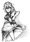  apron artist_request between_fingers braid dress frills greyscale izayoi_sakuya knife maid maid_headdress monochrome serious short_hair solo touhou twin_braids 