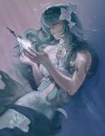  absurdres afraid._a ahoge air_bubble aqua_hair aqua_tail bandeau bare_arms bare_shoulders blue_eyes body_markings bubble choker collar fins fish_tail flower frilled_collar frills gem genshin_impact grey_choker hair_flower hair_intakes hair_ornament hair_over_one_eye head_fins highres holding_seashell kneeless_merfolk light_rays long_hair looking_at_object looking_down merfolk mermaid messy_hair monster_girl one_eye_covered open_mouth pearl pearl_hair_ornament seashell shell shirt sleeveless tail underwater very_long_hair vodyanitsa_(genshin_impact) vodyanitsa_(water_imp)_(genshin_impact) white_bandeau white_collar white_flower white_shirt 