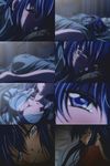  azuma_hazuki bed bed_sheet black_hair blue_eyes blush breasts cleavage collage covered_nipples highres large_breasts masturbation pajamas screencap tears yami_to_boushi_to_hon_no_tabibito 