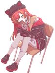  1girl asymmetrical_legwear bandaid bandaid_on_leg belt_collar black_hat black_jacket black_nails black_shoes cellphone chair collar collared_shirt commentary_request covering_own_mouth full_body hair_ornament hat highres holding holding_phone jacket kishinoko222 long_sleeves looking_at_viewer multicolored_hair multicolored_shoes nekota_tsuna nekota_tsuna_(4th_costume) off_shoulder on_chair open_clothes open_jacket orange_eyes orange_hair orange_streaks paw_hair_ornament phone red_hair red_shoes red_skirt school_uniform shirt shoes simple_background skirt smartphone socks solo streaked_hair sweater_vest two-tone_shoes uneven_legwear virtual_youtuber vspo! white_background white_socks 