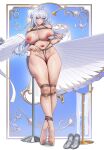  1girl absurdres barefoot bdsm blush bondage bound bound_knees bound_legs bound_torso breasts censored chair closed_mouth cup feet full_body grey_hair high_heels highres holding holding_cup large_breasts long_hair looking_at_viewer mole mole_under_mouth mosaic_censoring nipples on_chair pointy_ears purple_eyes rope shibari shoes smile solo teacup thick_thighs thighs toes unworn_shoes velina_airgid wow+ zenless_zone_zero 