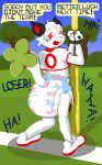 anthro arms_tied bdsm big_diaper black_ears blue_sky bondage bound bullying clean_diaper clothed clothing clover_(plant) clover_leaf crop_top dialogue diaper digital_media_(artwork) embarrassed embarrassed_expression english_text exposed_diaper felid feline footwear four_leaf_clover grass haha hi_res humiliation laugh laughing_at laughing_at_another leaf looking_at_another looking_back looking_back_at_another loser luster_(luckyluster) male mammal multicolored_clothing multicolored_crop_top multicolored_diaper multicolored_footwear multicolored_shirt multicolored_shoes multicolored_topwear offscreen_character open_mouth outside pantsless pantsless_anthro pantsless_male pattern_diaper pixel_(artwork) pixxystick plant pole public public_exposure public_humiliation red_eyes red_inner_ear restraints rope rope_bondage shadow shirt shoes sky solo speech_bubble talking_to_another teasing text tied_to_pole topwear tree uniform uniformed_male white_body