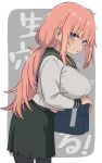 1girl bag black_pantyhose black_sailor_collar black_skirt blue_bag blue_eyes blush breasts commentary eyes_visible_through_hair grey_background gyorui_(katsuwo_drawing) highres holding holding_bag large_breasts long_hair looking_at_viewer low_ponytail michinoku_komaro midriff_peek pantyhose pink_hair pleated_skirt ponytail sailor_collar school_bag seitokai_ni_mo_ana_wa_aru! shirt shirt_overhang skirt sleeve_cuffs solo striped_clothes sweatdrop tight_clothes two-tone_background very_long_hair white_background white_shirt 
