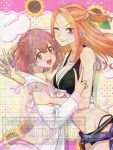  2girls adversarial_noise bikini black_bikini breasts commentary_request flower frilled_bikini frills hair_between_eyes hair_ornament hug jacket large_breasts long_hair long_sleeves looking_at_viewer miyama_kiri mole mole_under_mouth multiple_girls official_alternate_costume one_eye_closed open_mouth orange_eyes orange_hair pink_bikini see-through_clothes see-through_jacket shiba_yuzuha short_hair smile star_(symbol) star_hair_ornament sunflower swimsuit tachibana_hinata_(tokyo_revengers) tokyo_revengers tokyo_revengers_unlimited upper_body v watermark white_sleeves 