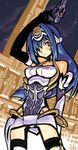  alex_ahad arm_up blue_hair frown gun hair_over_one_eye handgun holding holding_gun holding_weapon kos-mos long_hair red_eyes signature sky solo standing star_(sky) starry_sky weapon xenosaga xenosaga_episode_i 