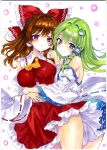  2girls absurdres ascot blue_eyes blue_skirt blush bow breasts brown_hair closed_mouth collared_shirt commentary_request detached_sleeves frilled_bow frilled_hair_tubes frilled_skirt frills frog_hair_ornament green_hair hair_between_eyes hair_bow hair_ornament hair_tubes hakurei_reimu highres hug hug_from_side kochiya_sanae large_breasts long_hair looking_at_viewer marker_(medium) multiple_girls nanase_aoi red_bow red_eyes red_skirt ribbon-trimmed_sleeves ribbon_trim shirt sideboob single_hair_tube skirt skirt_set sleeveless sleeveless_shirt smile snake_hair_ornament thighs touhou traditional_media white_shirt yellow_ascot yuri 