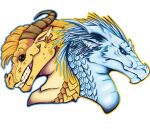 2026 ambiguous_gender dragon duo ear_piercing ear_ring european_mythology facial_horn feral head_down hi_res horn icewing_(wof) kovi_kodi mythological_creature mythological_scalie mythology nose_horn piercing qibli_(wof) ring_piercing sandwing_(wof) scales scalie simple_background smile spikes spikes_(anatomy) western_dragon white_background wings_of_fire winter_(wof)