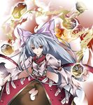  adapted_costume albino alternate_costume bangs bow chaotic-unknown fujiwara_no_mokou hair_ribbon long_hair red_eyes ribbon silver_hair solo touhou 