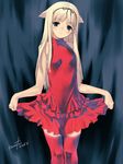  2004 animal_ears breasts cat_ears copyright_request dated dress eyebrows_visible_through_hair kawata_hisashi lace lace-trimmed_thighhighs red_dress red_legwear skirt skirt_lift sleeveless sleeveless_dress small_breasts solo thighhighs zettai_ryouiki 