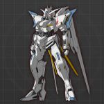  arms_at_sides black_background clenched_hands commentary emblem glowing glowing_eyes grid_background gundam gundam_bael gundam_tekketsu_no_orphans highres ke_yukikaze mecha mecha_focus mechanical_wings mobile_suit no_humans red_eyes robot science_fiction simple_background solo standing sword v-fin weapon wings 