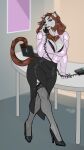 absurd_res anthro black_claws bottomwear bra breasts claws cleavage clothed clothing collared_shirt dress_shirt electronics felid female final_fantasy final_fantasy_xiv footwear fur hair hi_res high_heels hrothgar legwear lion mammal nikoleva office_clothing pantherine phone qrichy red_hair shirt shoes skirt square_enix stockings tiger topwear unbuttoned_shirt underwear white_body white_fur