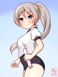  1girl alternate_costume alternate_hairstyle artist_logo blue_background blue_buruma blue_eyes blush breasts buruma commentary_request cowboy_shot dated gradient_background grey_hair gym_shirt gym_uniform javelin_(kancolle) kanon_(kurogane_knights) kantai_collection logo long_hair looking_at_viewer medium_breasts one-hour_drawing_challenge ponytail relay_baton shirt short_sleeves smile solo white_shirt 